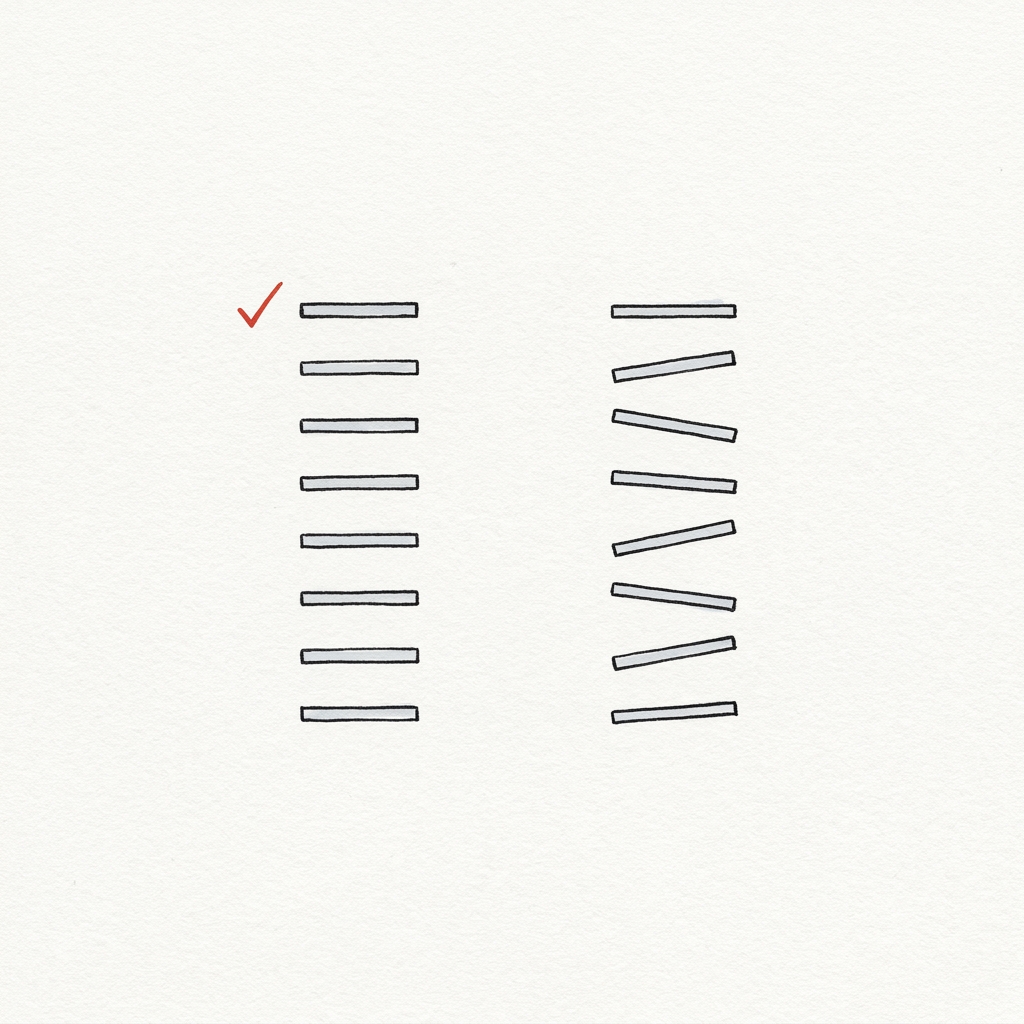 Pen-and-ink illustration of two columns of small horizontal tally-marks side by side on ceramic paper. The left column has every mark aligned, evenly spaced, drawn with discipline. The right column has the same number of marks but each one skewed at a slightly different angle, lengths uneven. One short vermillion check is drawn beside the topmost mark of the left column only; the right column has no mark. Drawn in matte obsidian line work with restrained aluminium grey wash.